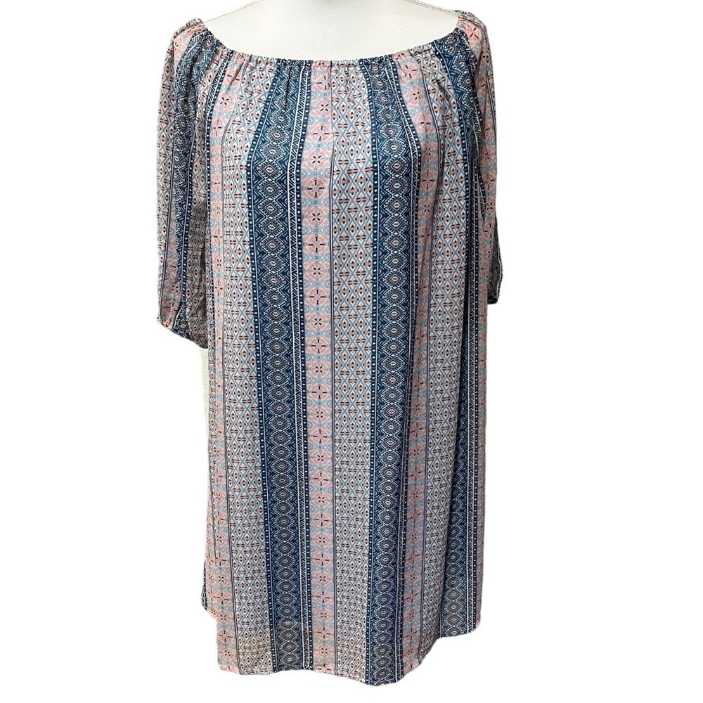 L Love‎ Bohemian Print 3/4 Sleeve Shift Dress Blue & Pink Women’s Size Small